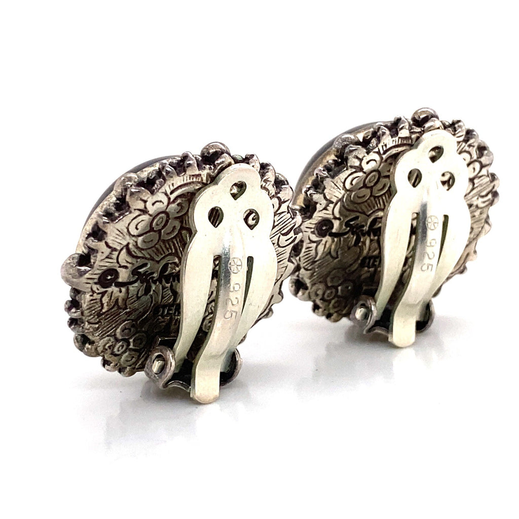 Stephen Dweck silver earrings w/ round black Star Diopside cabochon, clip backs. (view 3)