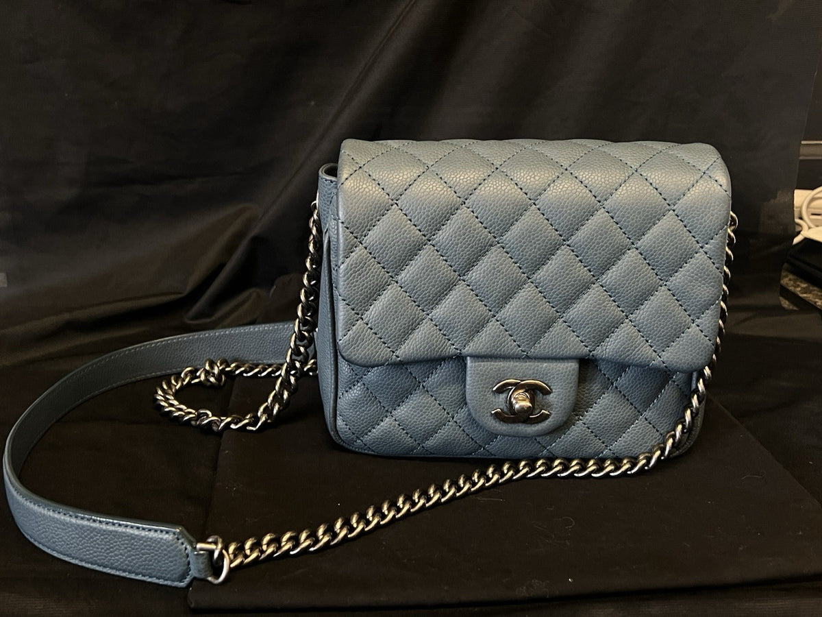 Chanel Small Crossbody Bag Qulted Leather W Chain Strap Blue & Dust Bag (view 10)