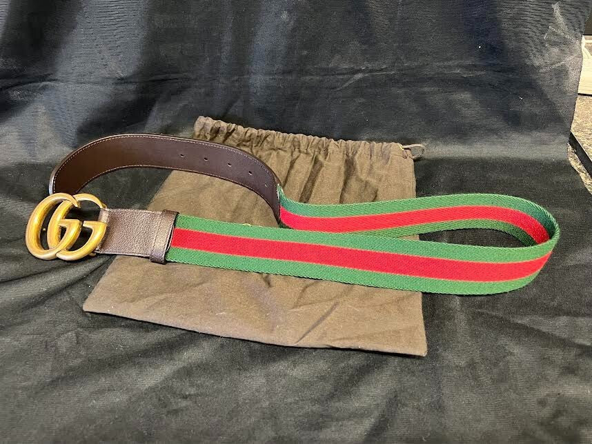 GUCCI BROWN LEATHER WEB DOUBLE G BUCKLE BELT 80cm (FITS 27-31 in)2