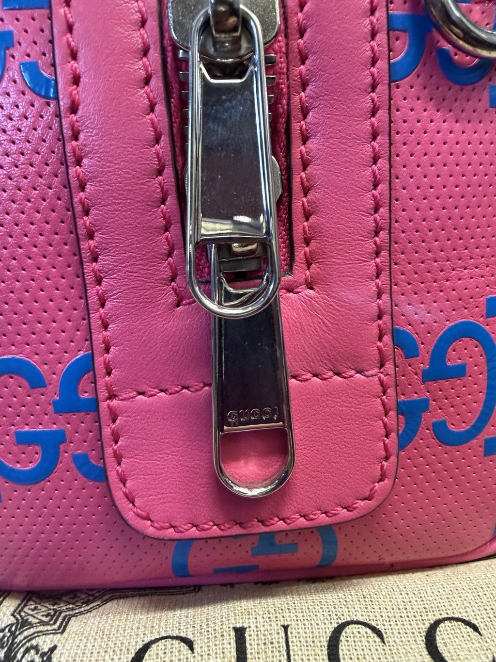 Gucci GG Tennis Bi-color Perforated Mini Duffle Bag Fushia/Blue Leather — view 10
