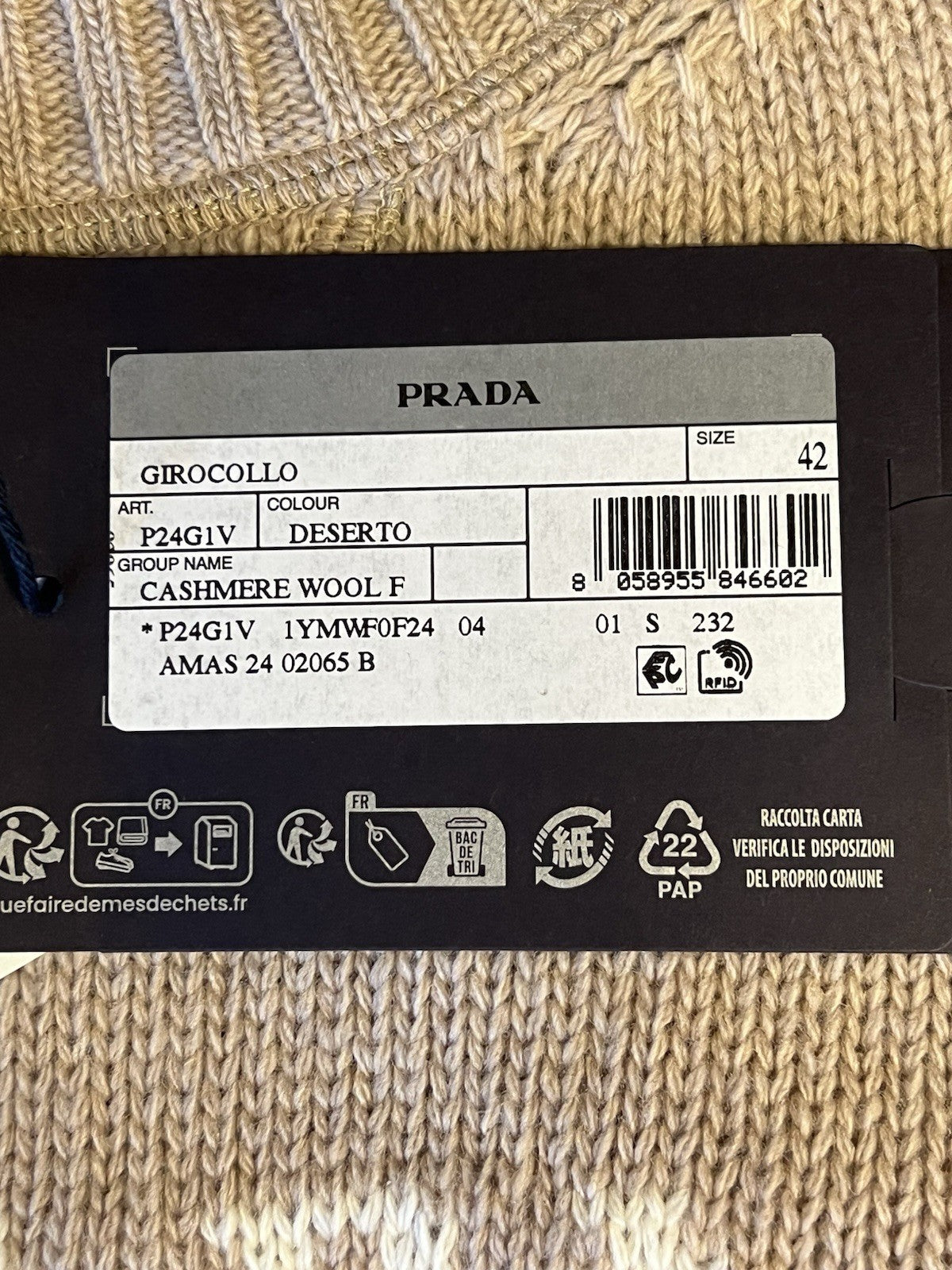 PRADA CASHMERE WOOL PRADA LOGO CREW-NECK SWEATER DESERTO/DESERT BEIGE SIZE 423