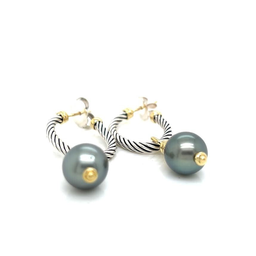 DAVID YURMAN COVERTIBLE DROP HOOP EARRINGS TAHITIAN PEARL SILVER 18K GOLD — view 2