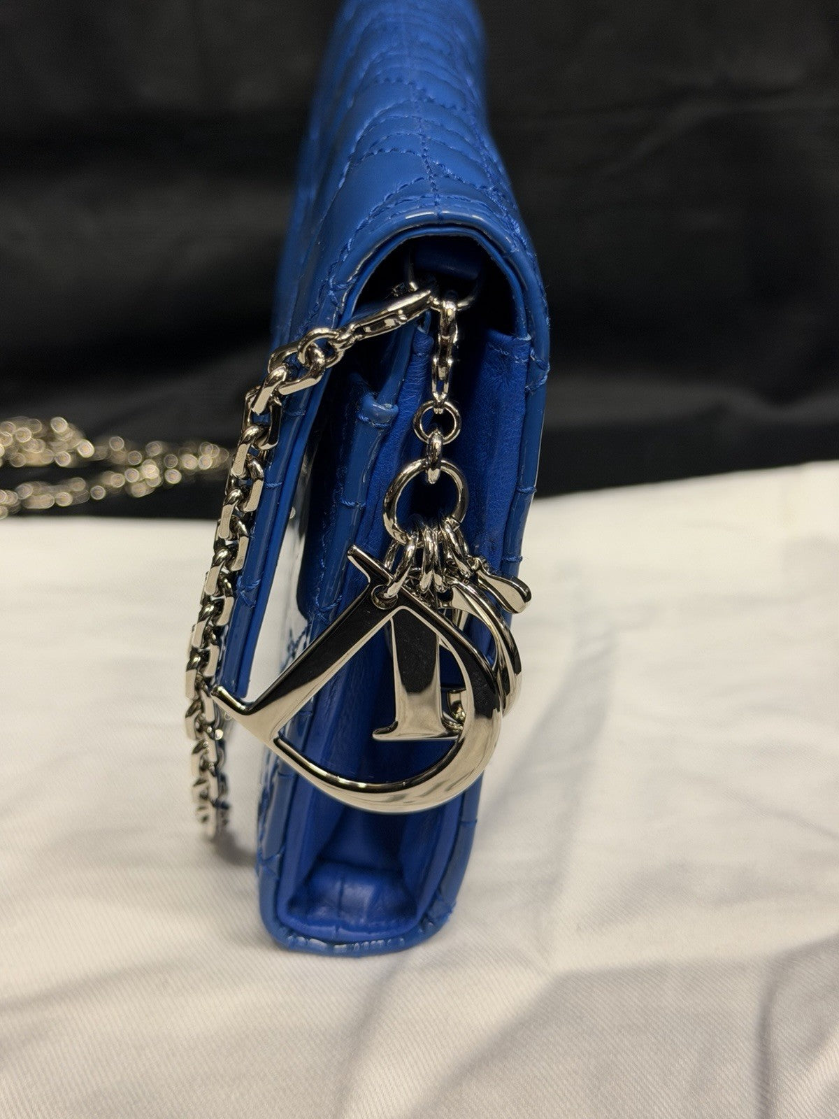 Christian Dior Lady Dior Pouch Wallet on Chain Patent Leather Blue/Silver — view 3