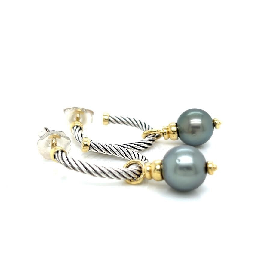 DAVID YURMAN COVERTIBLE DROP HOOP EARRINGS TAHITIAN PEARL SILVER 18K GOLD — view 3
