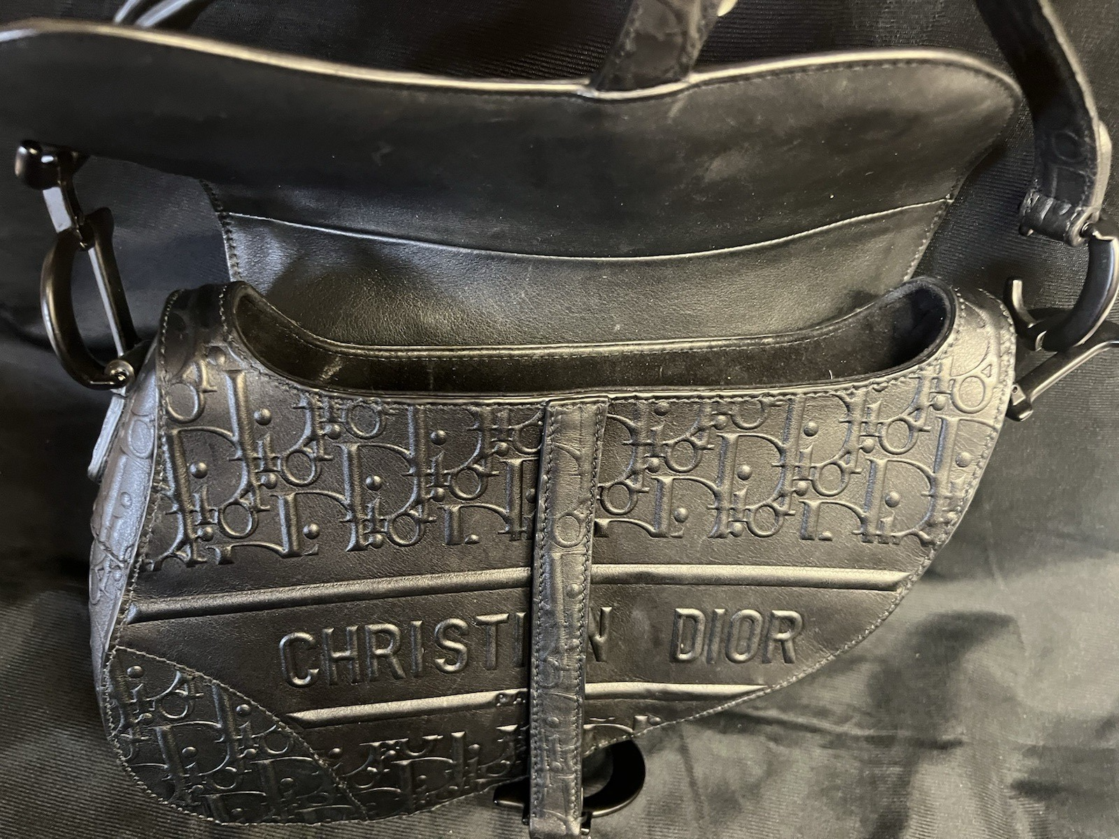 CHRISTIAN DIOR BLACK OBLIQUE EMBOSSED CALFSKIN SADDLE BAG — view 6