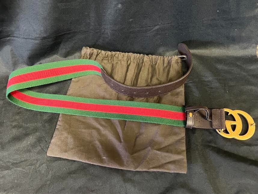 GUCCI BROWN LEATHER WEB DOUBLE G BUCKLE BELT 80cm (FITS 27-31 in)3
