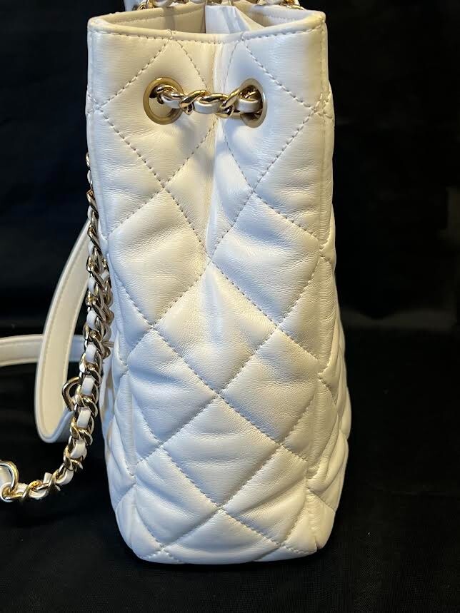 Chanel Small Shopping Tote Quilted Leather Chain Link Double Shouler Strap White (view 4)