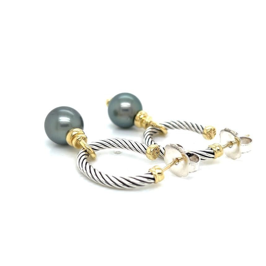 DAVID YURMAN COVERTIBLE DROP HOOP EARRINGS TAHITIAN PEARL SILVER 18K GOLD — view 13