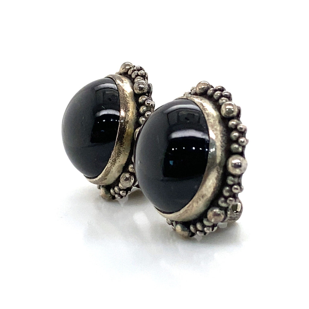 Stephen Dweck silver earrings w/ round black Star Diopside cabochon, clip backs. (view 2)