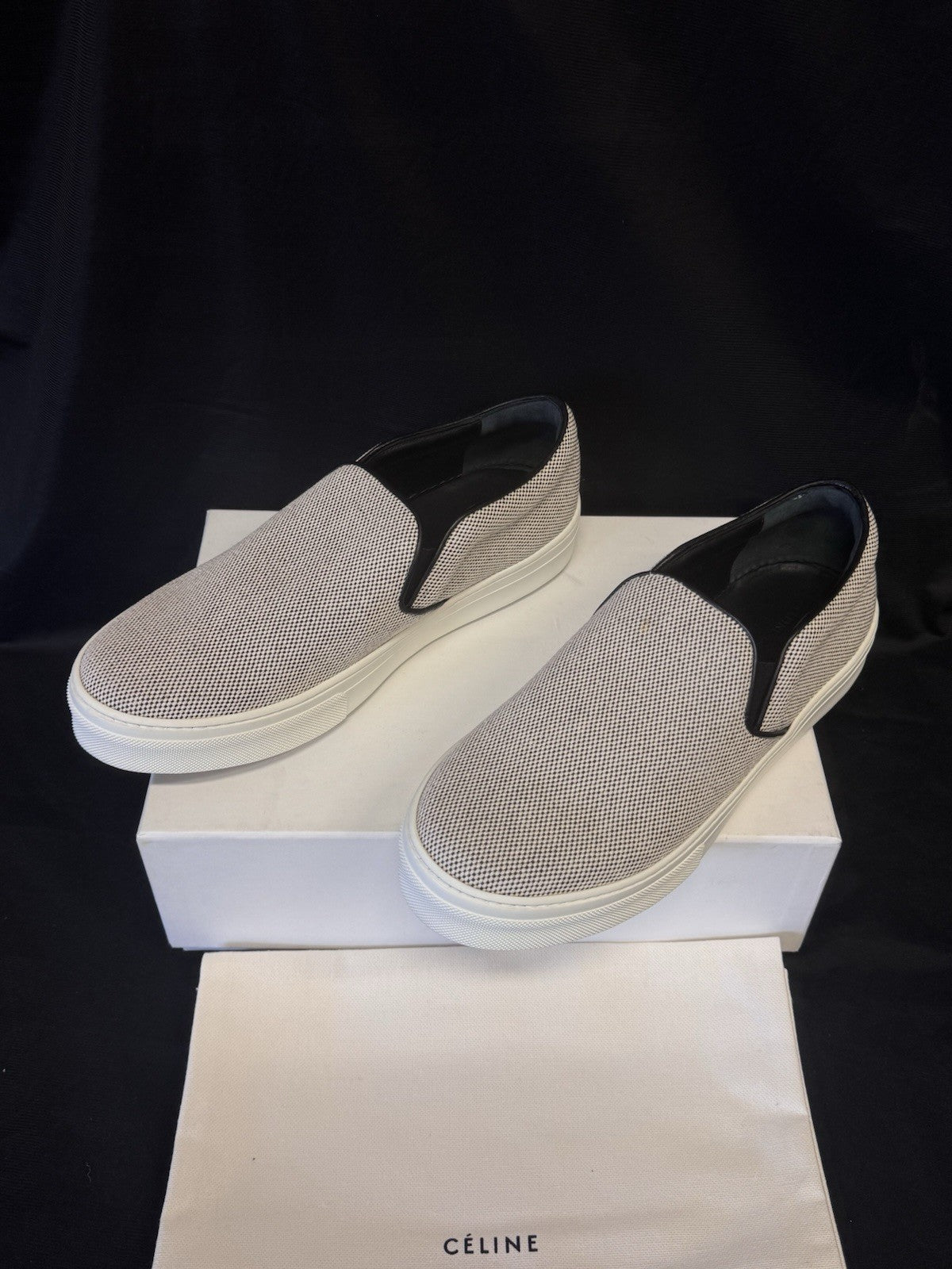 CELINE NAPPA BLACK & WHITE SLIP-ON SNEAKERS 345131 SIZE US 8.5 / EU 38.53
