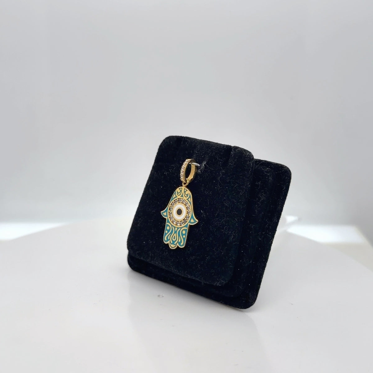 21K Yellow Gold Hamsa Evil Eye Enamel Pendant, Teal Enamel & CZ Accents (view 2)