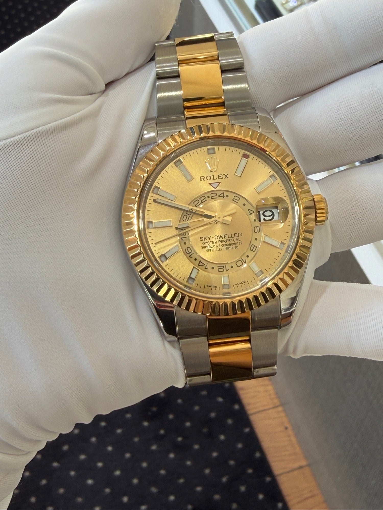 Rolex Sky-Dweller 42mm Two-Tone Steel 18k Gold Champagne Dial 326933