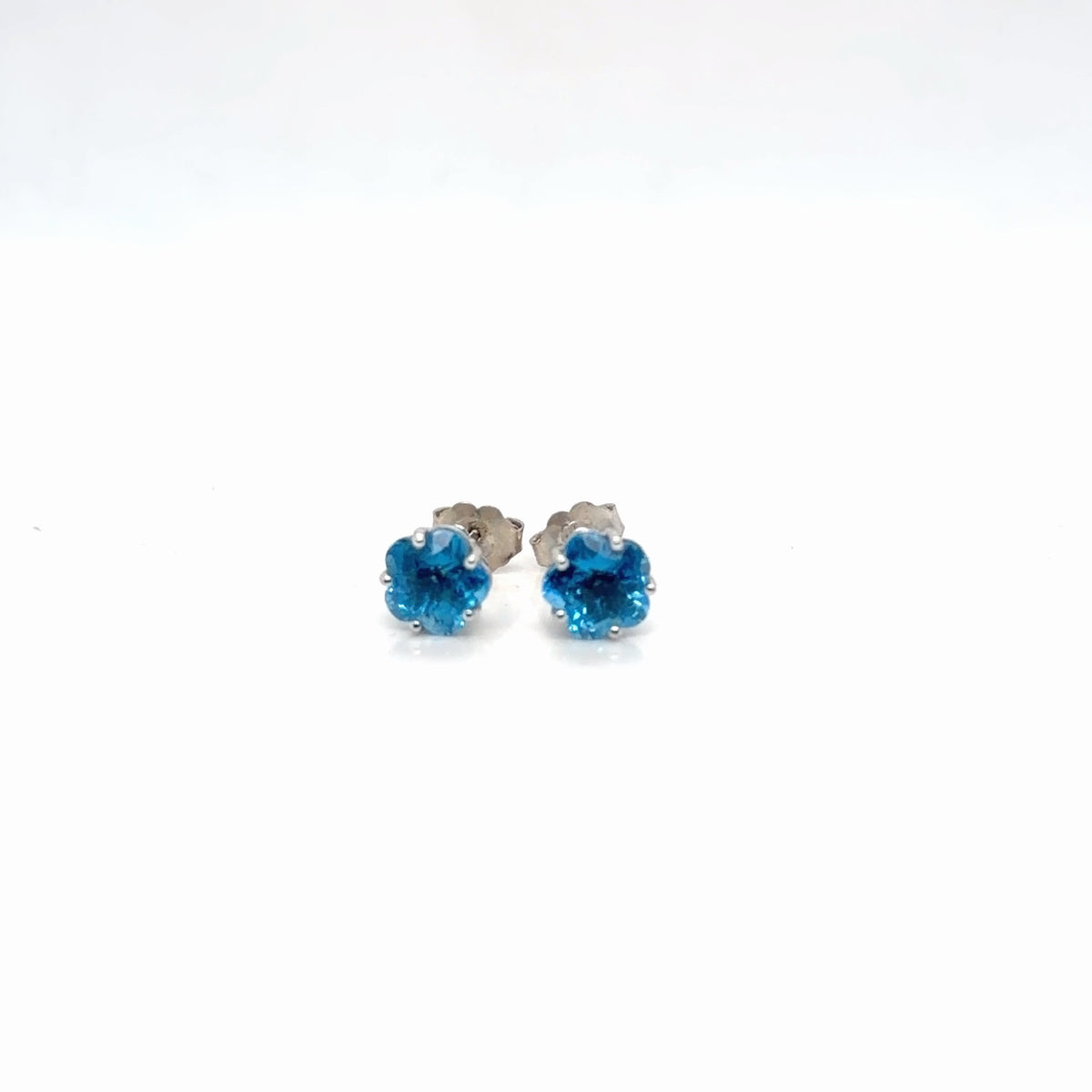 Blue Topaz Flower-Cut Stud Earrings in 14K White Gold, 3g (view 1)