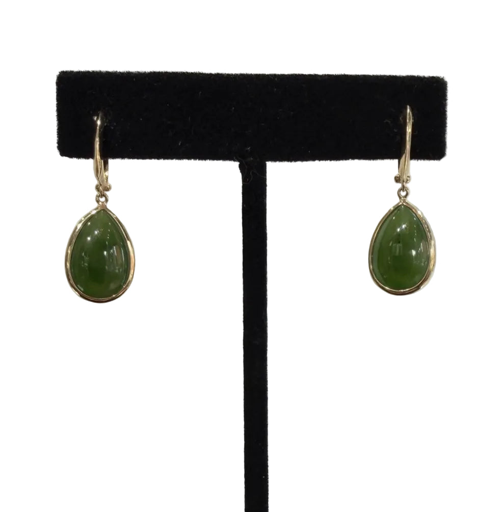 14K Yellow Gold Jade Pear Cabochon Drop Hoop Earrings, 4.05g (view 1)
