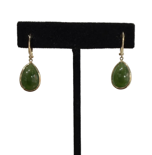 14K Yellow Gold Jade Pear Cabochon Drop Hoop Earrings, 4.05g (view 1)