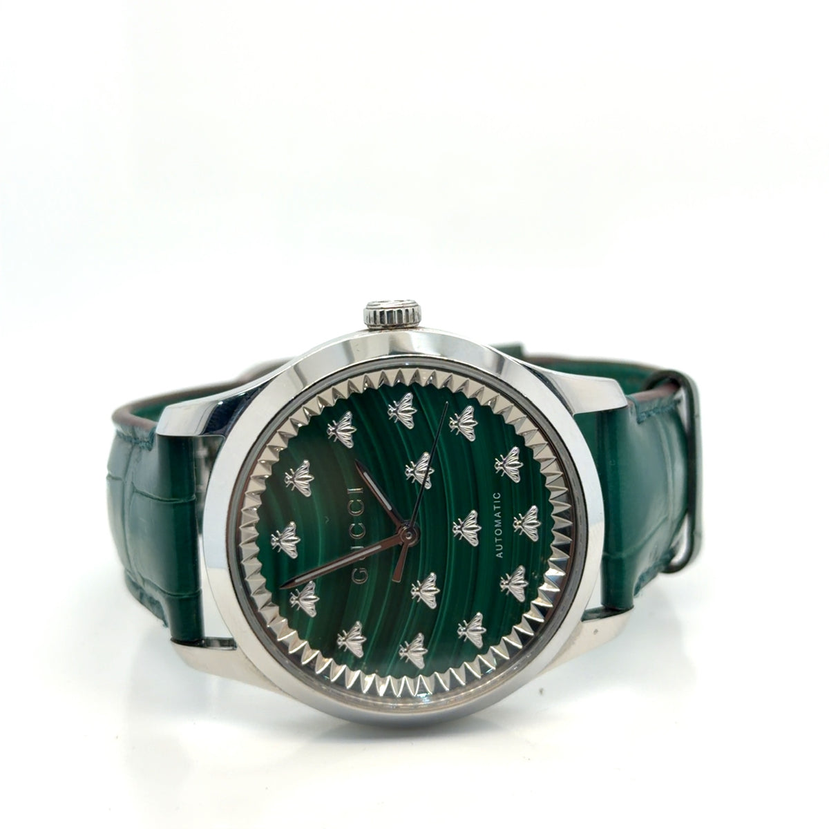 Gucci G-Timeless Automatic Green Malachite Bee Dial Leather Watch (view 3)
