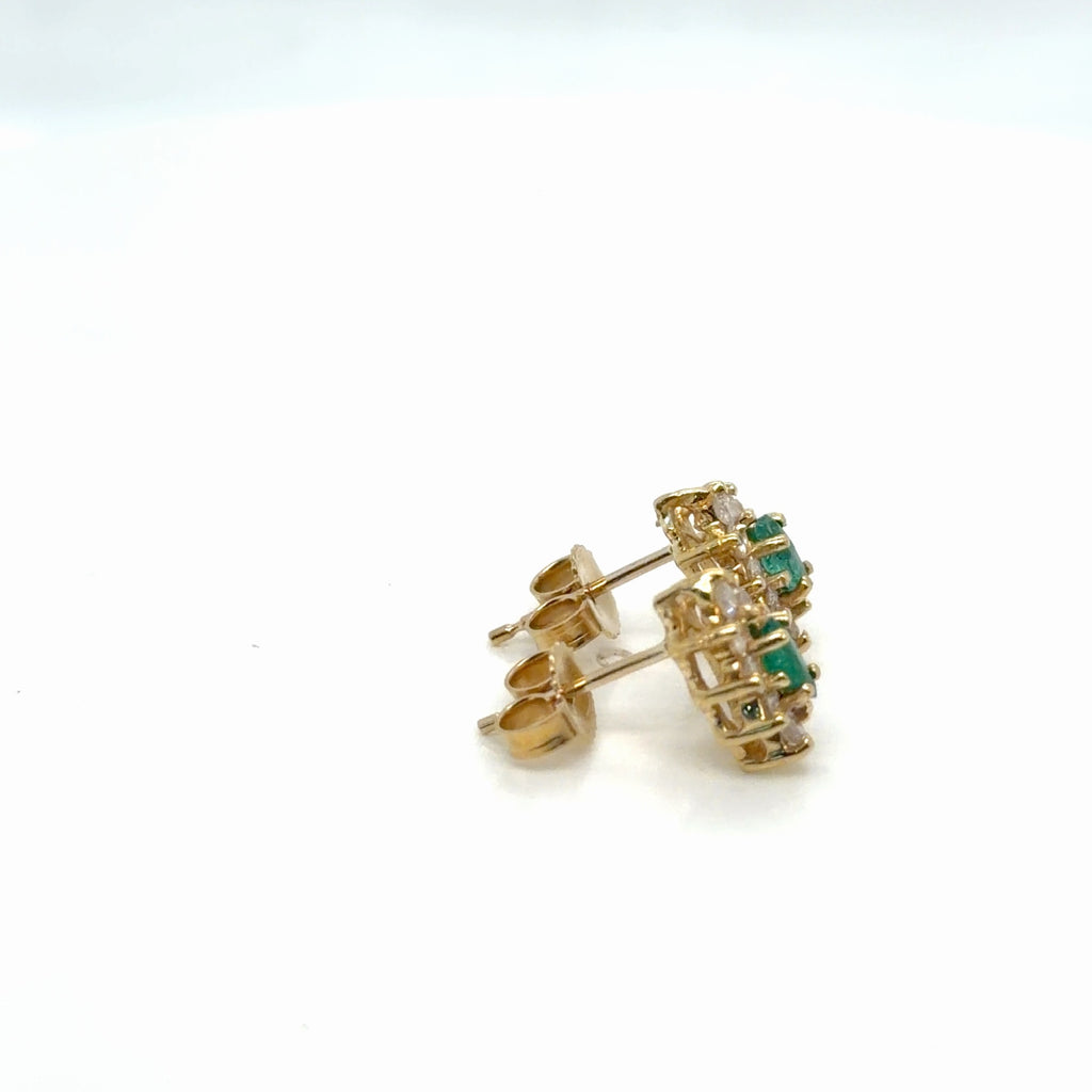 14K Yellow Gold Emerald Diamond Cluster Stud Earrings 0.65 ctw (view 2)