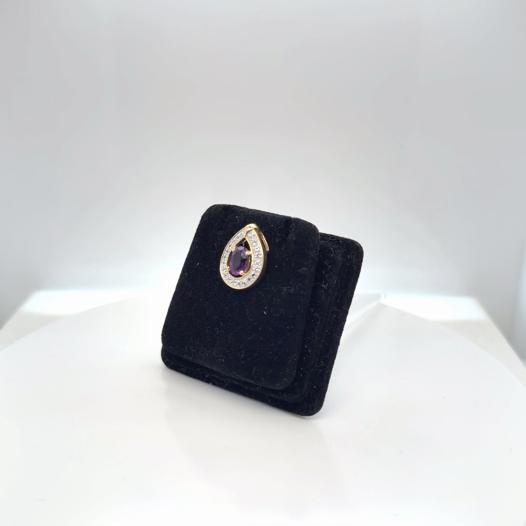 14K Yellow Gold Amethyst Diamond Teardrop Pendant, Natural Stones (view 2)