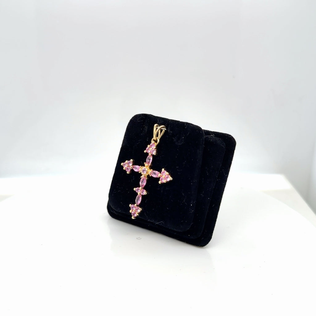 14K Yellow Gold Pink Sapphire Cross Pendant, 1.00 ctw Oval & Round (view 2)