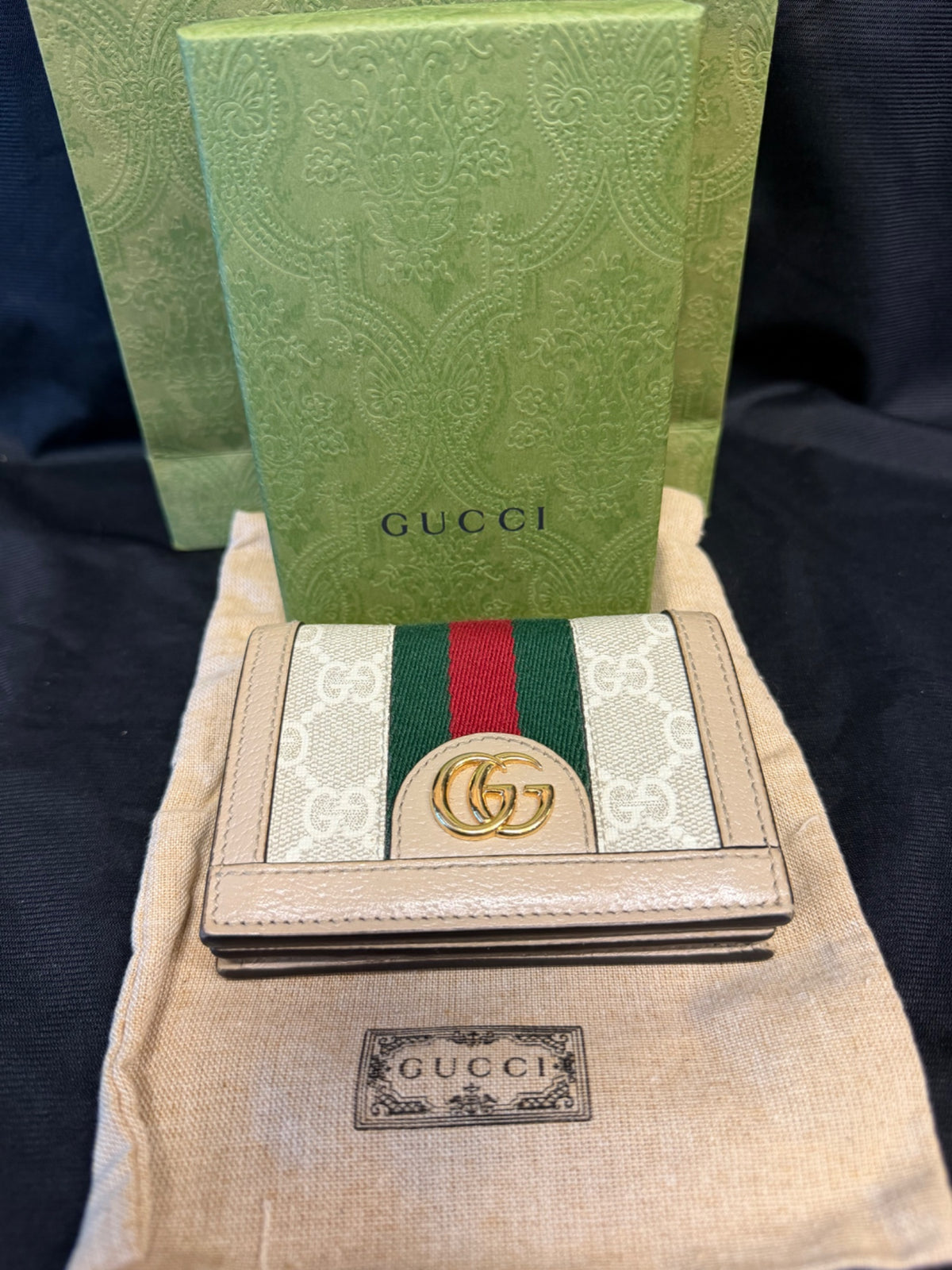 Gucci Ophidia GG Supreme Card Case Wallet, Beige Web, With Box (view 13)