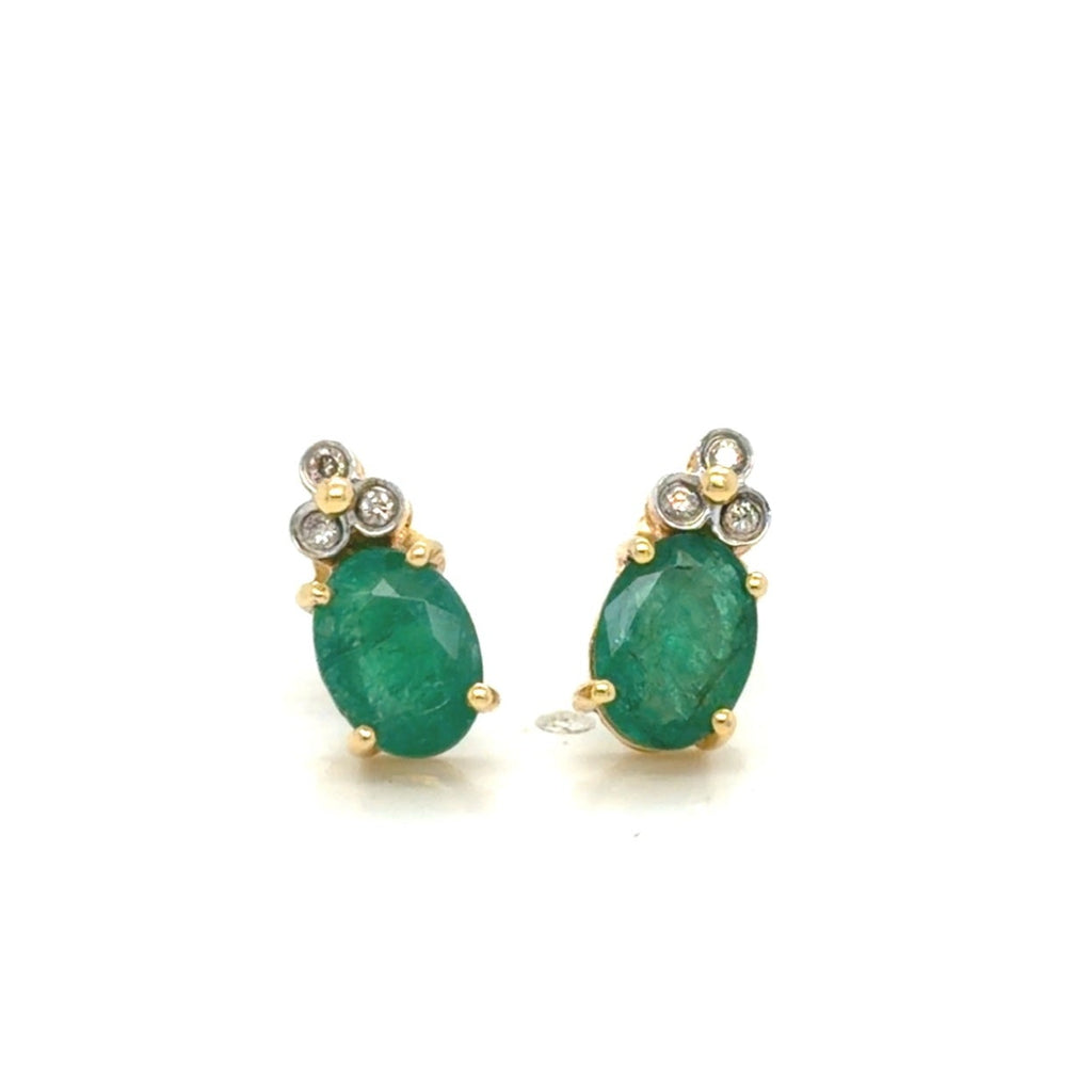 14K Two-Tone Gold Oval Emerald Diamond Stud Earrings 1.32 ctw (view 1)