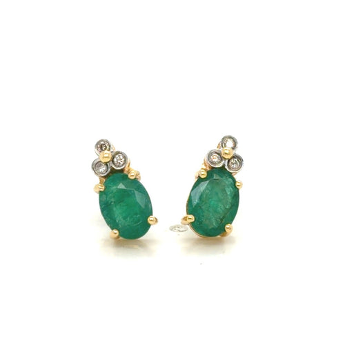 14K Two-Tone Gold Oval Emerald Diamond Stud Earrings 1.32 ctw (view 1)