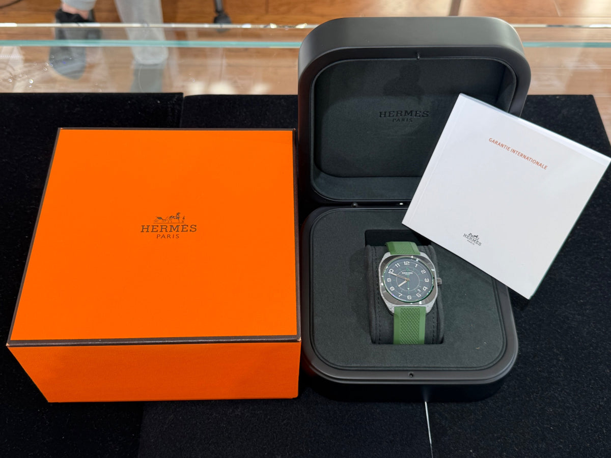 Hermès H08 Watch Steel Green Rubber Strap W402991WW00 39mm Auto