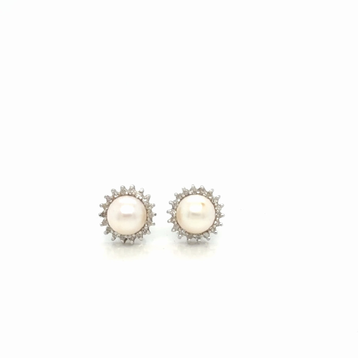 14K White Gold Pearl & Diamond Halo Stud Earrings 0.20ctw