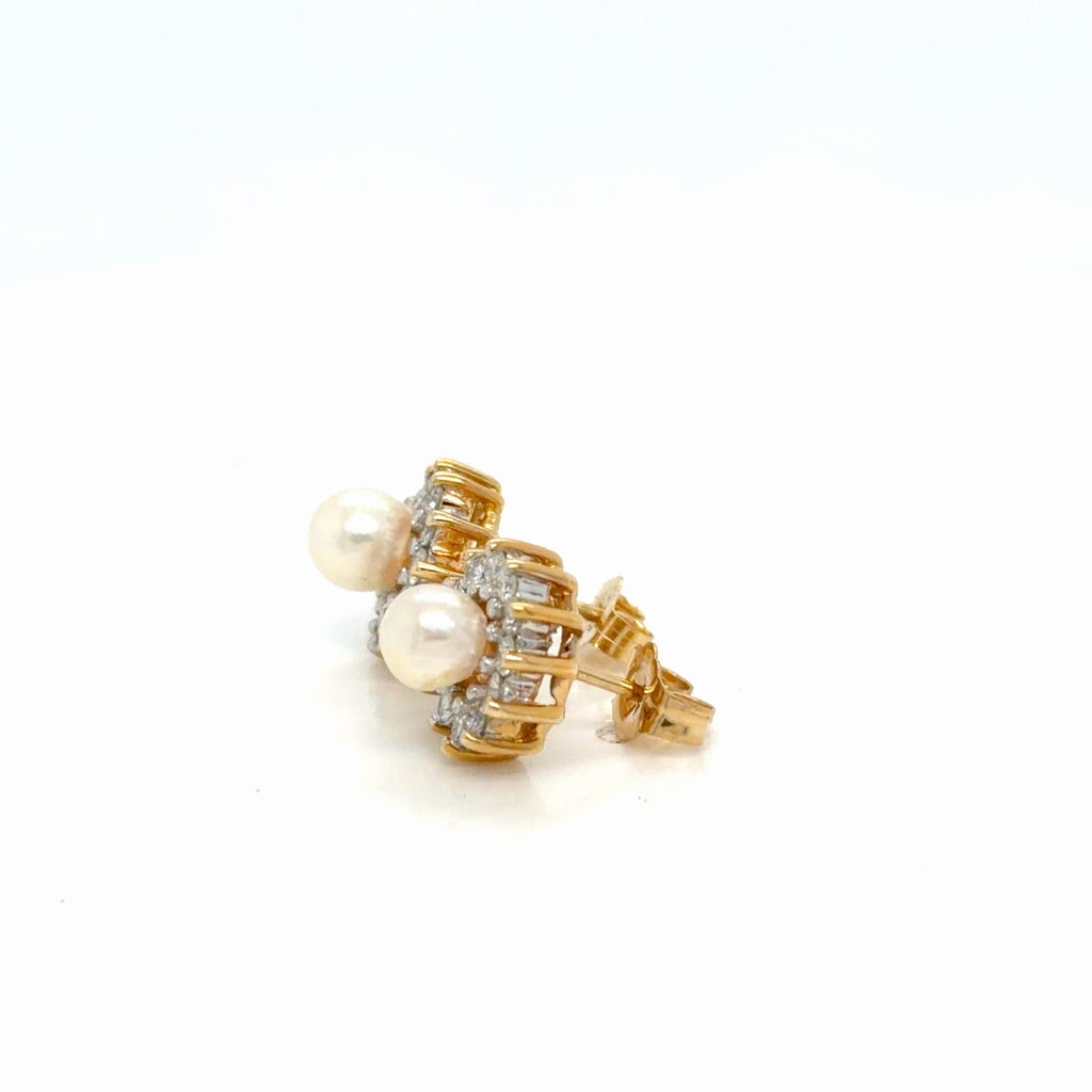 14k Yellow Gold Pearl Diamond Halo Stud Earrings 0.72 ctw Natural (view 2)