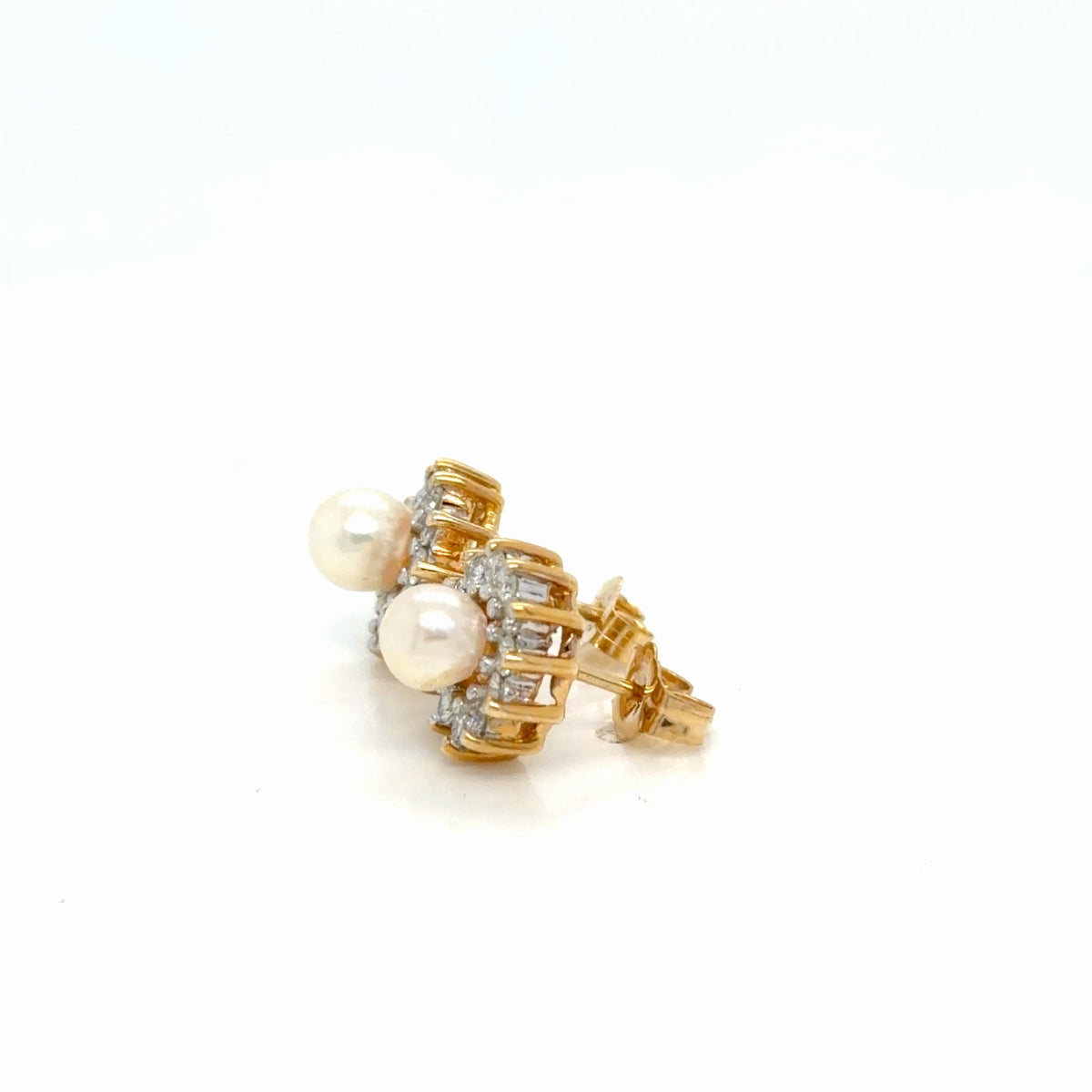 14k Yellow Gold Pearl Diamond Halo Stud Earrings 0.72 ctw Natural (view 2)