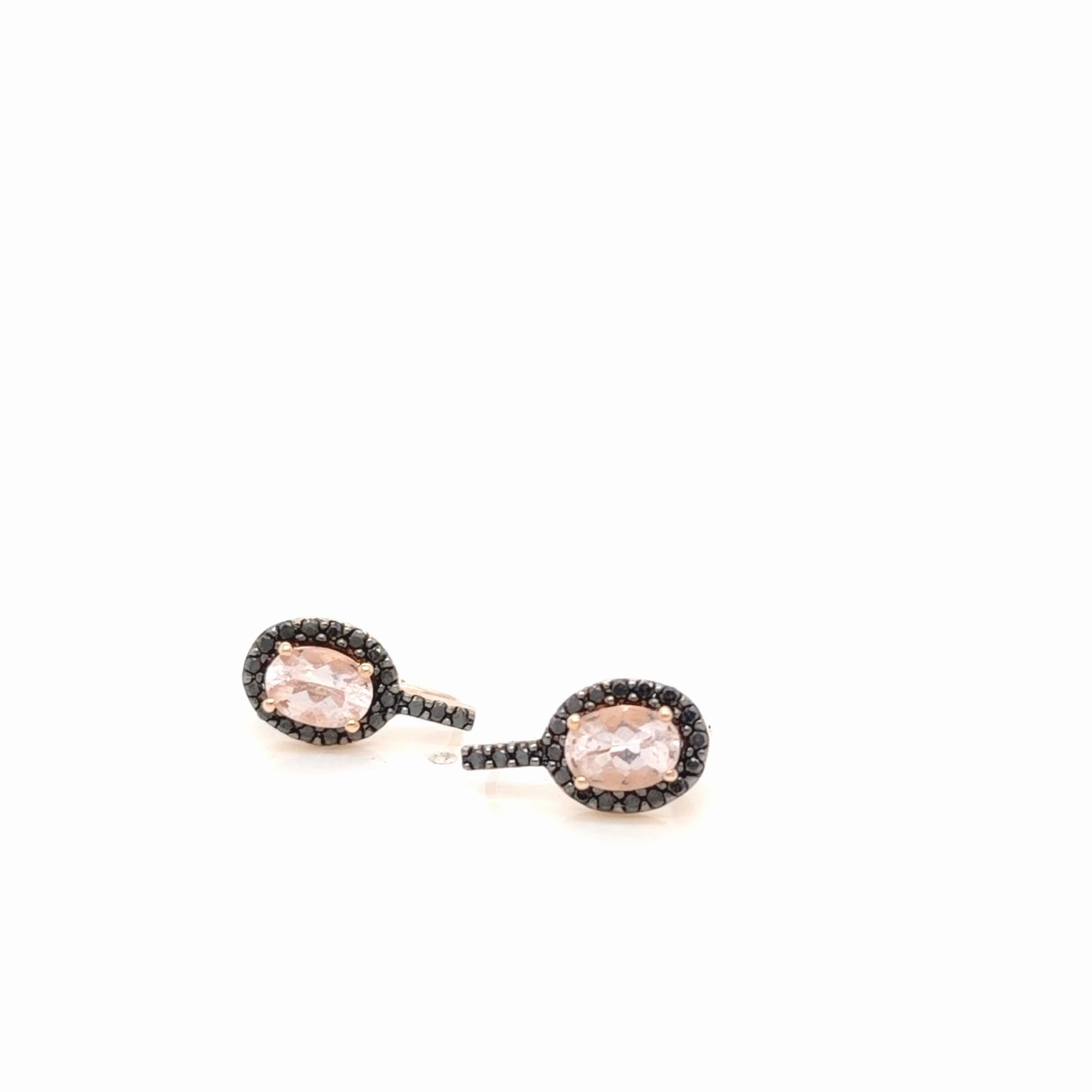 14K Rose Gold Oval Morganite Black Diamond Halo Leverback Earrings