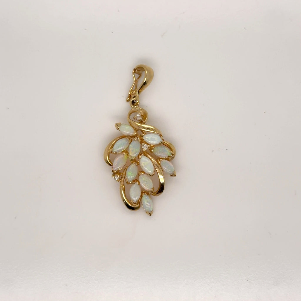 14K Yellow Gold Opal Marquise & Diamond Cluster Leaf Pendant (view 3)
