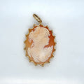 14K Yellow Gold Shell Cameo Pendant Lady Portrait Scallop Frame 7.53g