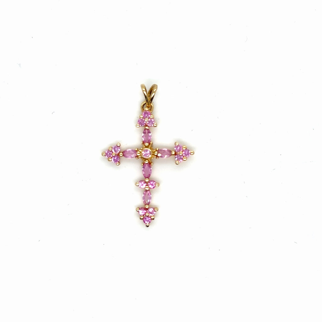 14K Yellow Gold Pink Sapphire Cross Pendant, 1.00 ctw Oval & Round (view 3)