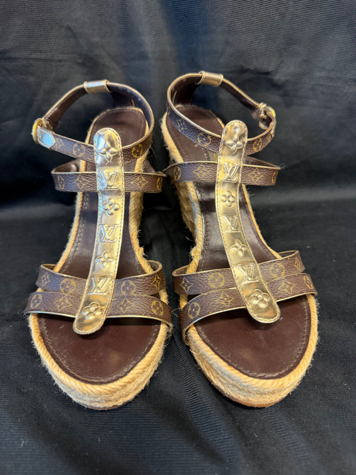 Louis Vuitton Monogram Espadrille Wedge Sandals Gold EU 39.5