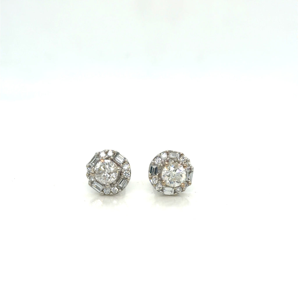 Diamond Halo Stud Earrings 18K White Gold 1.51 ctw Round Baguette (view 1)
