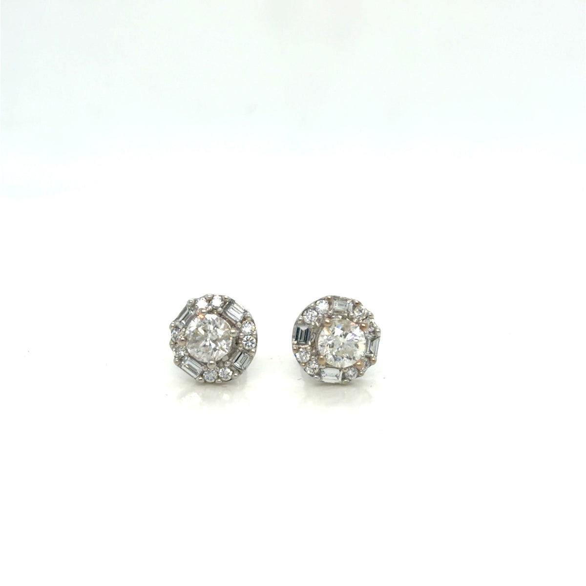 Diamond Halo Stud Earrings 18K White Gold 1.51 ctw Round Baguette (view 1)