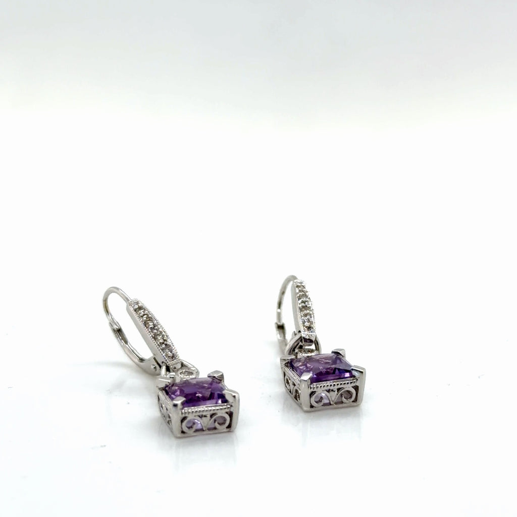 14K White Gold Amethyst Cushion & Diamond Drop Earrings, 3.00g (view 4)