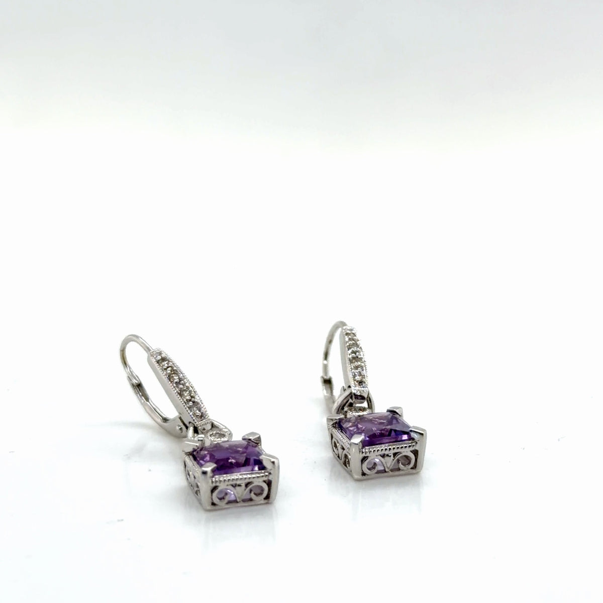 14K White Gold Amethyst Cushion & Diamond Drop Earrings, 3.00g (view 4)
