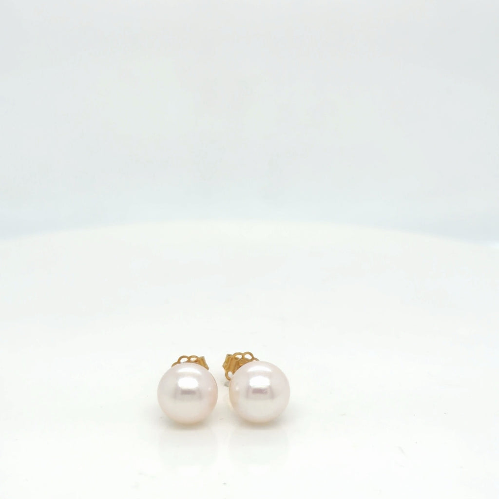 14K Yellow Gold Natural Akoya Pearl Stud Earrings, Round Cultured Pearls (view 2)