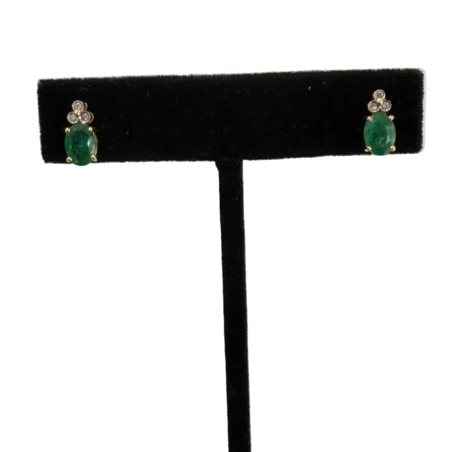 14K Two-Tone Gold Oval Emerald Diamond Stud Earrings 1.32 ctw (view 5)