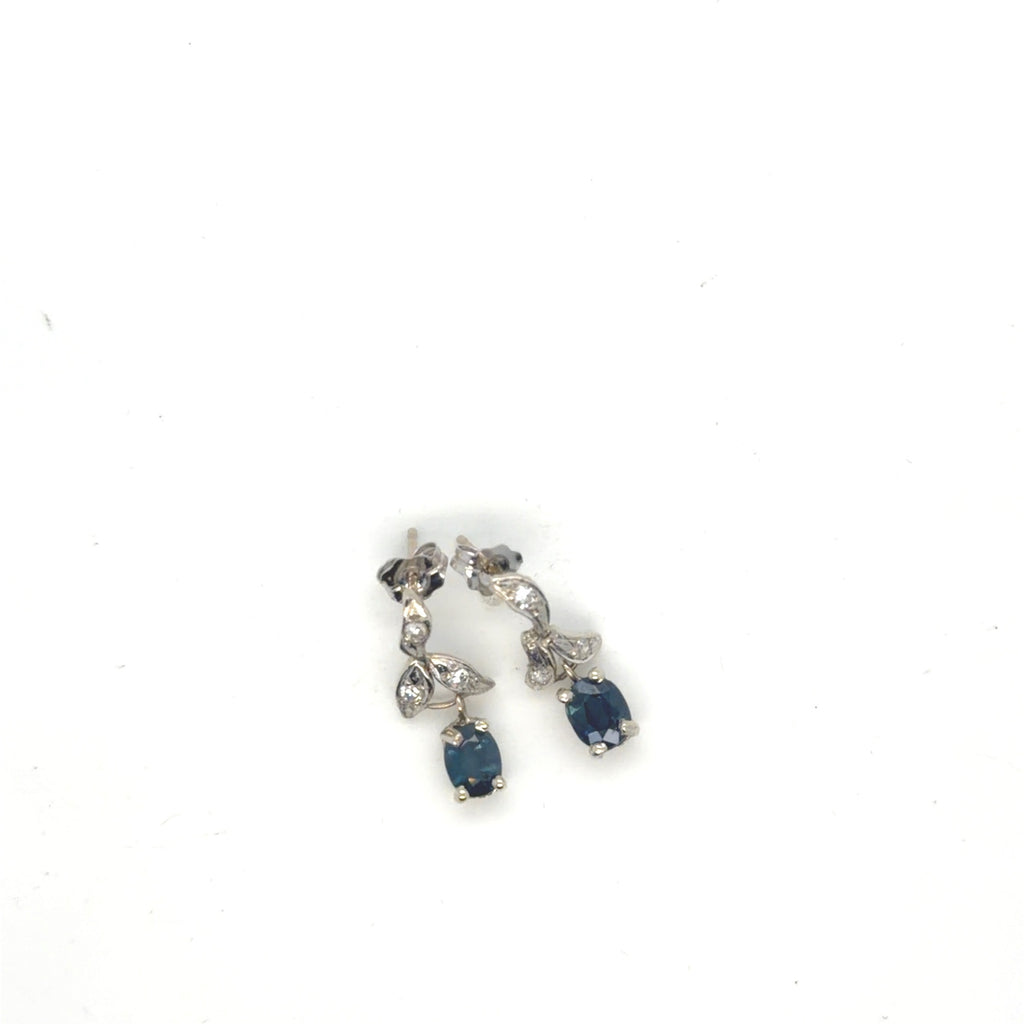 14K White Gold Blue Sapphire Oval & Diamond Drop Earrings 1.93g (view 3)