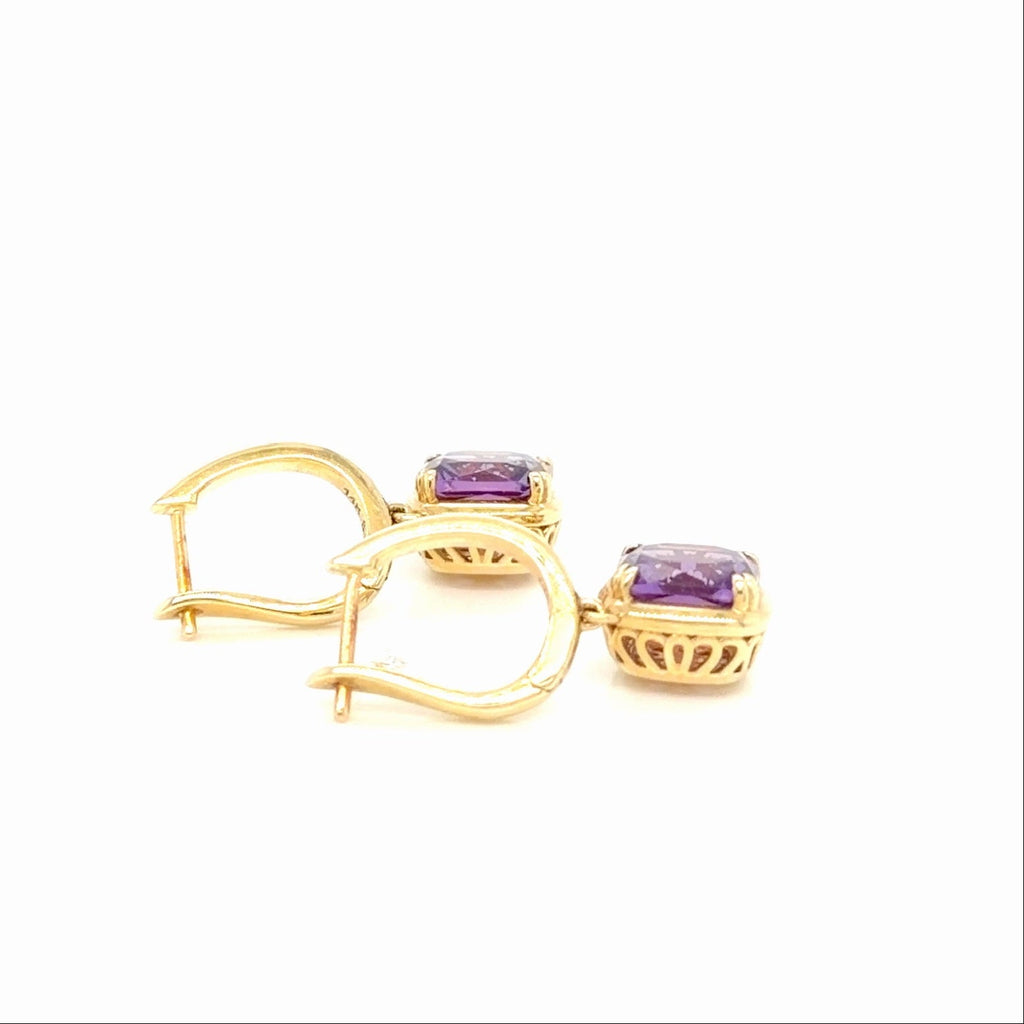 14K Yellow Gold Cushion Amethyst Diamond Drop Earrings 5.98g (view 2)