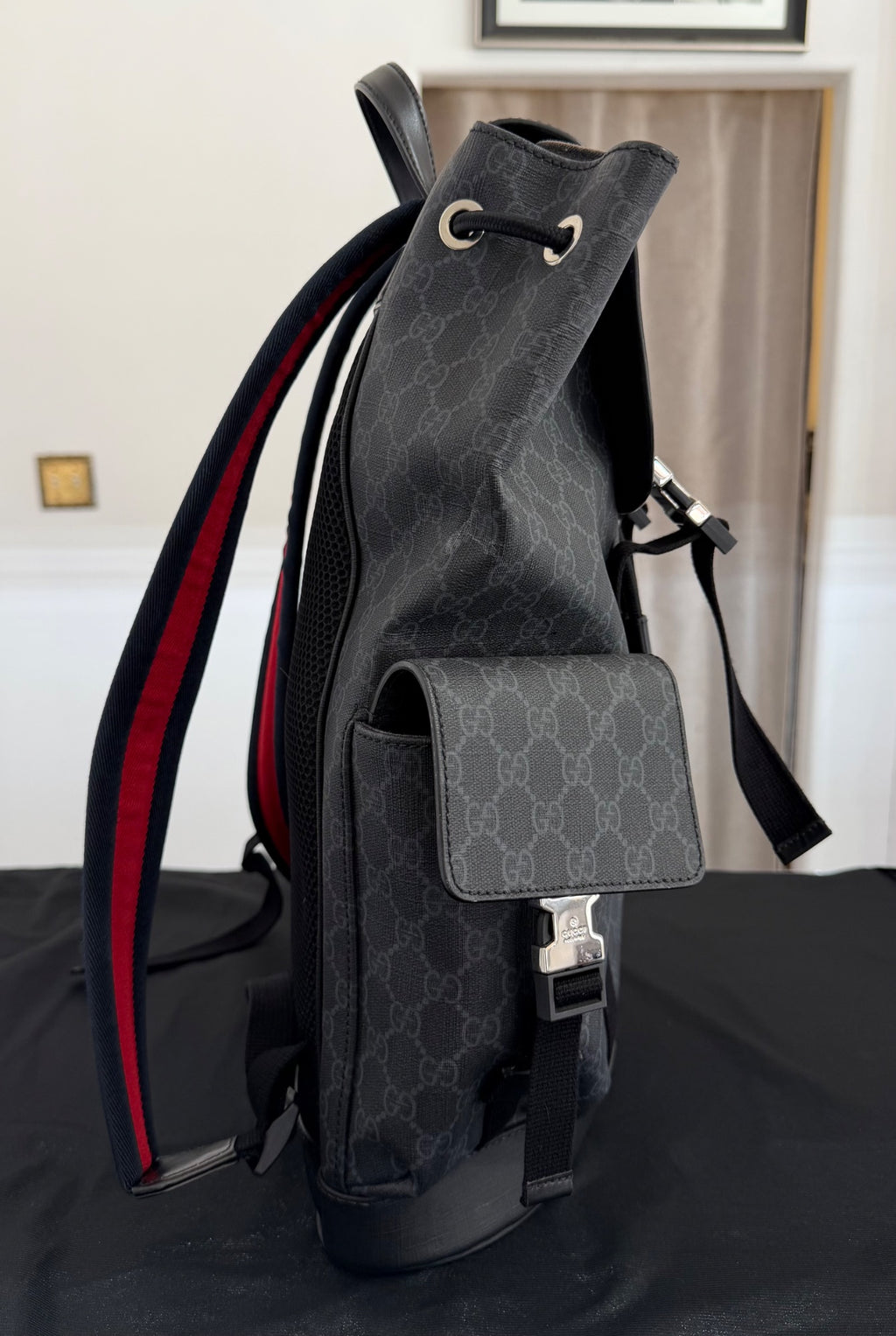 Gucci GG Supreme Large Backpack Black Canvas Silver Hardware Web Straps