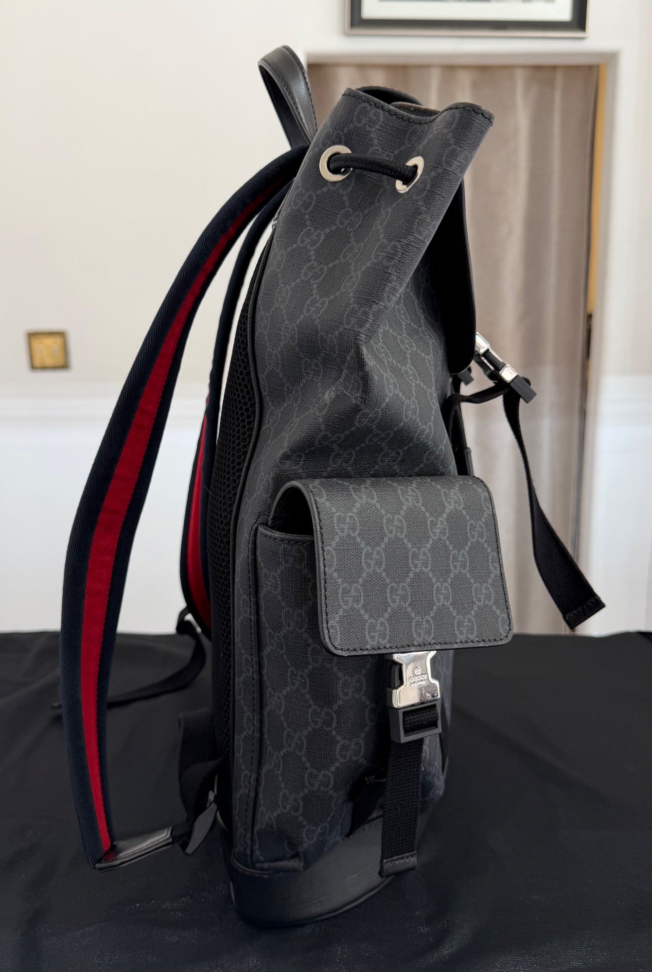 Gucci GG Supreme Large Backpack Black Canvas Silver Hardware Web Straps