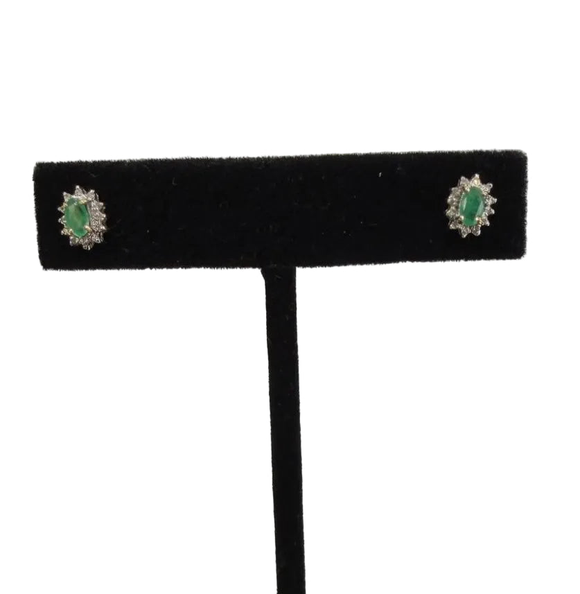 Emerald & Diamond Halo Stud Earrings Two-Tone 14K Gold, Oval Emerald (view 4)