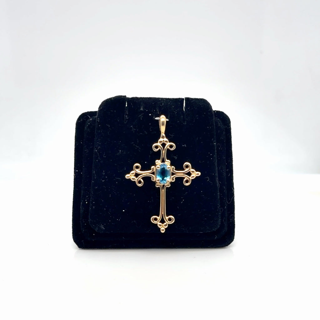 14K Yellow Gold Blue Topaz Oval Cross Pendant Filigree Scrollwork (view 2)