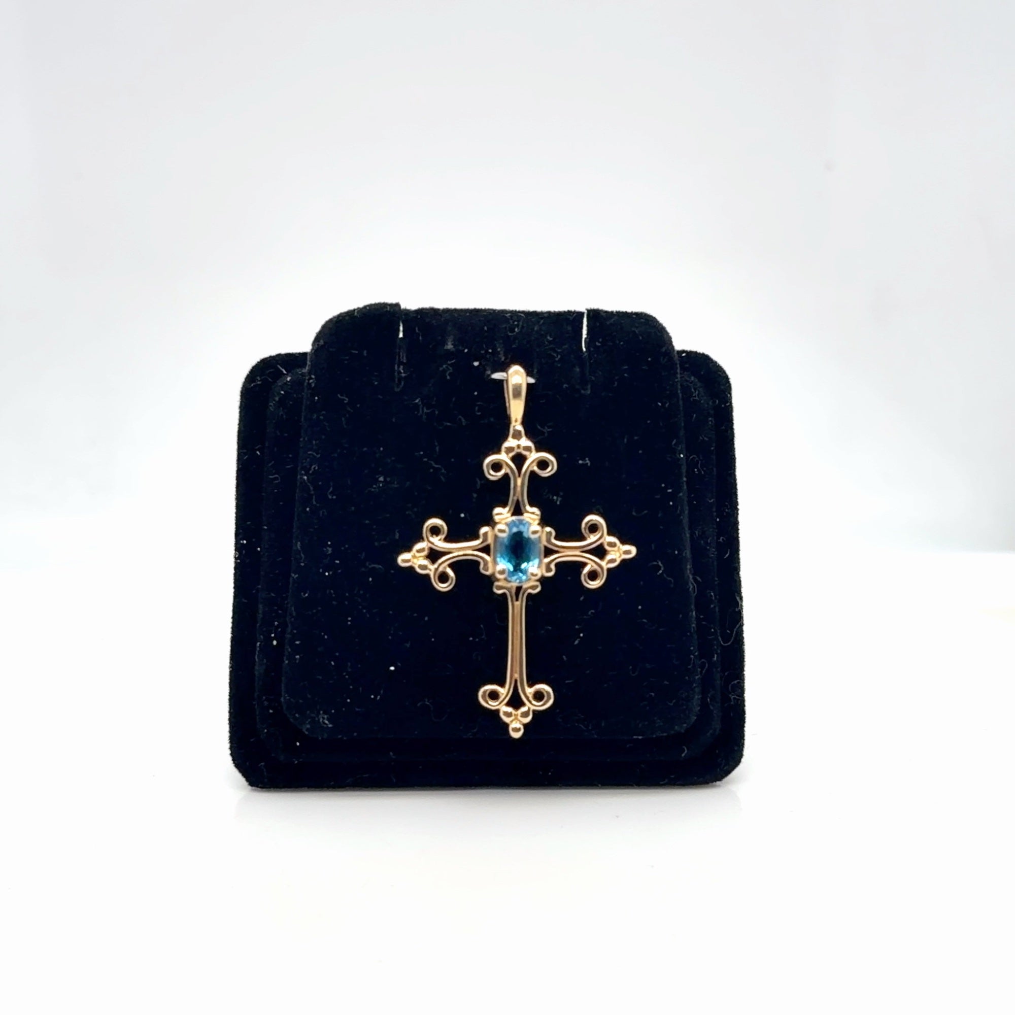 14K Yellow Gold Blue Topaz Oval Cross Pendant Filigree Scrollwork (view 2)