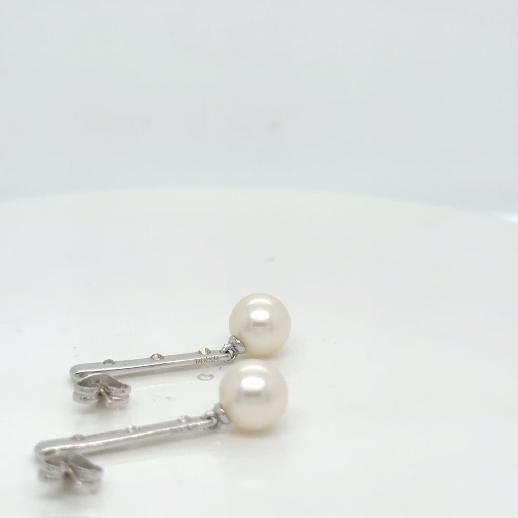 14K White Gold Pearl Diamond Drop Earrings, Natural Diamond 0.12 ctw (view 3)