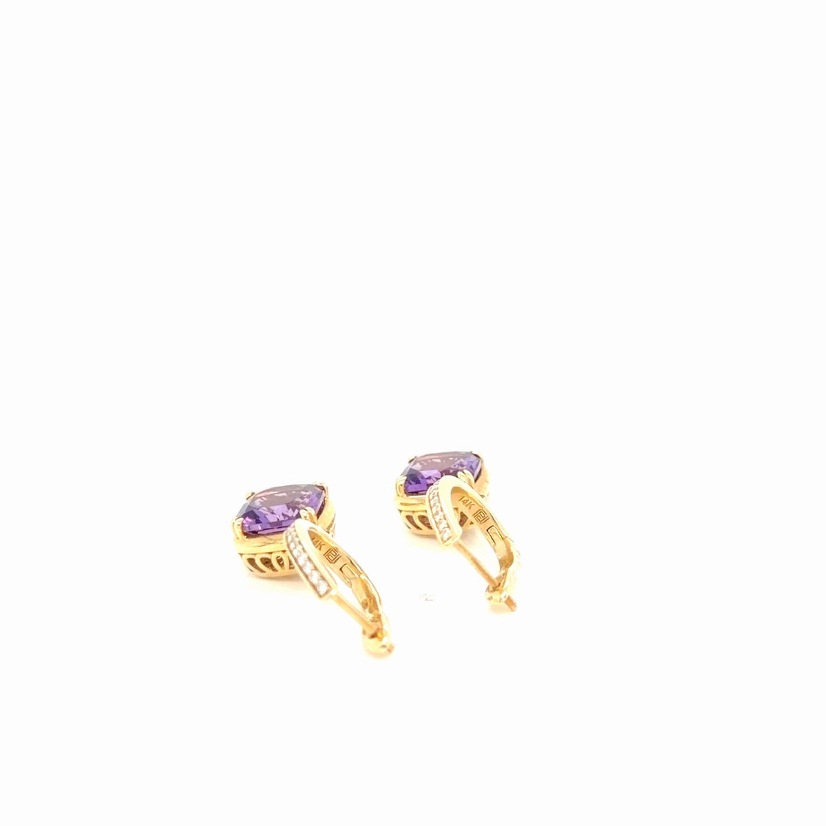 14K Yellow Gold Cushion Amethyst Diamond Drop Earrings 5.98g (view 4)
